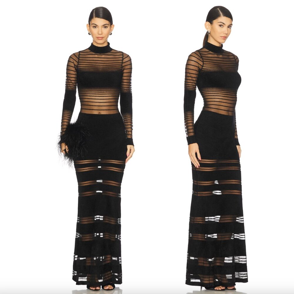 NEW retrofete Johanne Maxi Dress in Black Long Sleeve Sheer Striped - Picture 2 of 3